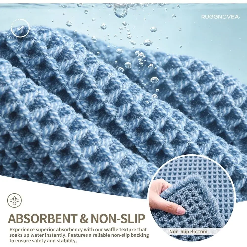 Light Blue Waffle Bath Mat 48x24 Non Slip Absorbent Washable Boho Rug Tassels